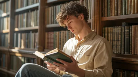 Young man with curly hair reading a book in a vintage library, warm sunlight casting shadows, hyperrealistic detail, Leica-style lens