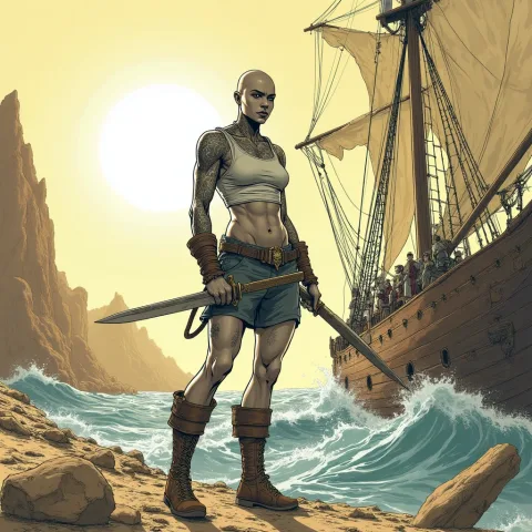 Bande dessine, franco-belgian comics, french comic book style, ligne claire, clear line, comic book art style. In a desolate wasteland under a bright, white sun, a fierce female goliath stands on the deck of a ship, battling tumultuous waves. Her muscular stone-grey skin and bold tattoos are prominently displayed as she wears a tight-fitting tank top and short sailor pants. A long scimitar hangs at her side, ready for action. The goliath, around 30 years old, is bald with a broad nose, exuding confidence as she maneuvers with ropes and sails. The background features cracked earth, skeletal remains, and muted sandy browns and yellows, creating a stark atmosphere. Textures appear rough and gritty, echoing the oppressive environment. The overall theme conveys a sense of struggle and resilience amidst the harsh reality of adventure.