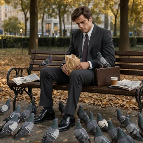 A handsome young man in a perfectly tailored charcoal suit sitting on a city park bench during lunch, holding a paper bag of bread while dozens of pigeons crowd around his polished shoes. One pigeon sits confidently on his briefcase beside him. He looks down at it with a deadpan expression. Soft afternoon light, fallen leaves, newspaper pages, coffee cup, cinematic dry comedy, photorealistic detail.
