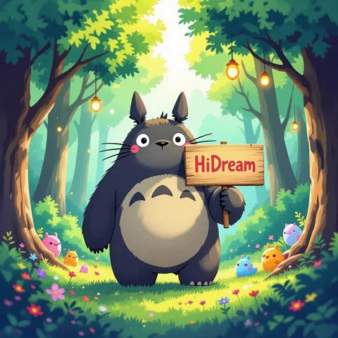 A Ghibli-inspired scene featuring a giant, friendly creature walking through a lush forest and holding a sign saying 'HiDream', with vibrant colors, soft lighting, and whimsical details like floating lights and colorful, magical creatures. The scene captures a peaceful, enchanted atmosphere.