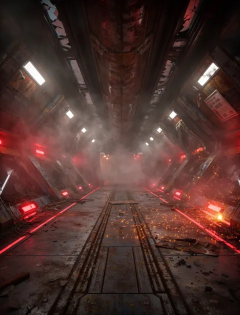Transform this clean sci-fi corridor into a post-apocalyptic derelict environment while keeping the original architecture and perspective. 
Add damaged metal surfaces, subtle rust, broken light panels, scattered sparks, and flickering emergency red lights. 
Introduce atmospheric smoke, dust haze, and deeper shadows to enhance tension and drama. 
Shift the color palette toward darker tones with hints of red and amber, creating a dangerous, abandoned sci-fi atmosphere. 
Overall style: post-apocalyptic sci-fi corridor, damaged high-tech interior, cinematic moody lighting, immersive dystopian ambience.
