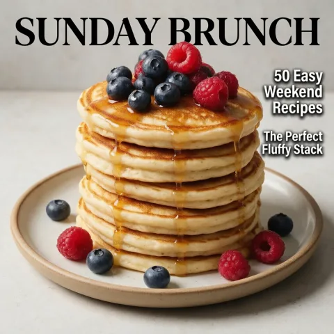 Turn this photo into a food magazine cover. Keep the pancakes as the hero image, add the magazine title "SUNDAY BRUNCH" in bold serif at the top, and cover lines "50 Easy Weekend Recipes" and "The Perfect Fluffy Stack" on the side, clean modern layout.