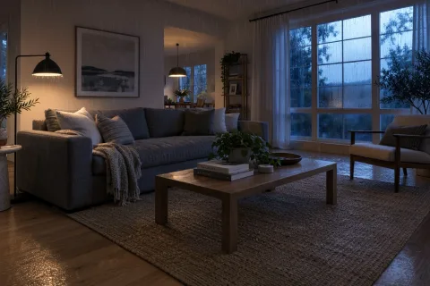 Turn the scene into a rainy evening: warm lamps switched on, dusk light through the window with raindrops on the glass. Keep the furniture and layout unchanged.