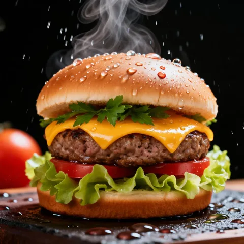 Professional food photography of a delicious beef burger with melted cheese, fresh lettuce, and tomatoes. Steam rising, water droplets on the vegetables, shallow depth of field, studio lighting