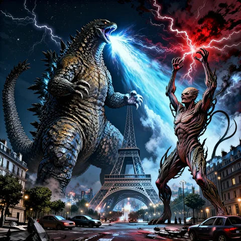 Epic cinematic battle under the Eiffel Tower at night, 1:1 wide frame.
Use image1 as the reference for Godzilla: keep the same body shape, scales and overall silhouette, towering over the city.
Use image2 as the reference for Vecna from Stranger Things: keep his twisted organic body, vine-like growths and eerie posture, standing on the ground near the Eiffel Tower, facing Godzilla.
Use image3 as the reference for the Paris cityscape: clearly show the Eiffel Tower in the midground, with Paris streets and buildings around it, night sky above.
Godzilla and Vecna are locked in a dramatic clash: Godzilla roaring and charging a bright energy breath, Vecna raising one arm to summon dark red energy and crackling lightning in the sky.
Low-angle viewpoint from the street level, looking up at both giants, with broken cars and debris in the foreground, no visible civilians.
Strong contrast between cold blue light from Godzilla and ominous red light from Vecna, reflections on the metal structure of the Eiffel Tower, smoke and dust in the air, subtle film grain, ultra detailed, high resolution, cinematic concept art style.