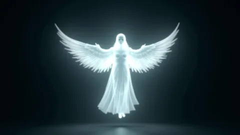 A glowing, ethereal figure floats in the dark space, making it look almost like an angel. It has a calm and peaceful feeling, as if exuding a peaceful atmosphere, and its wings are composed of white light. This figure is completely composed of a soft and delicate beam of energy, which has an impressionist effect on the surrounding environment.