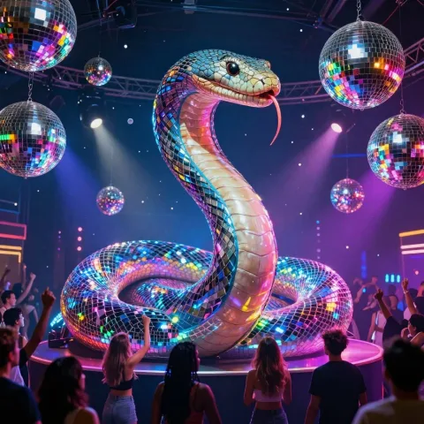 a gigantic neon-colored snake coiled around a disco stage, mirror-ball scales reflecting rainbow lights, people dancing below, hyper-realistic glitter particles floating through the air