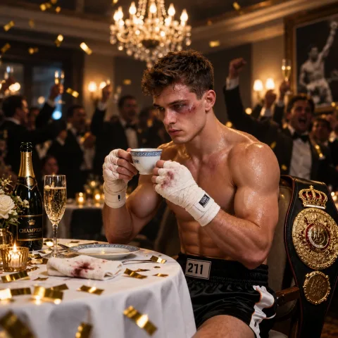 Transform the elegant dinner scene into a stylish underground champion’s celebration while preserving the boxer’s face, body build, hand wraps, and seated position. Add a championship belt draped over the chair, bruises and sweat details, cheering silhouettes in the background, and subtle gold confetti on the table. Keep the restaurant refined but give it a victorious post-fight energy. Cinematic sports-luxury contrast, cool and dramatic.