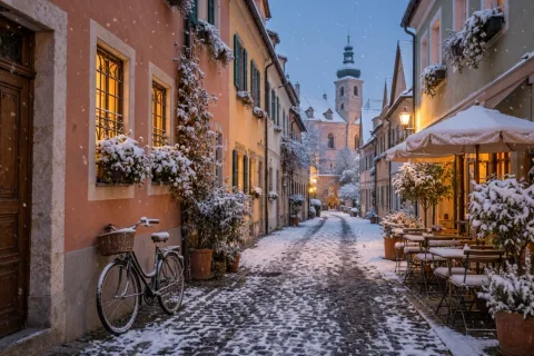Turn this into a snowy winter evening: snow on the rooftops and cobblestones, warm light glowing from the windows, gentle snowfall. Keep the buildings and composition the same.