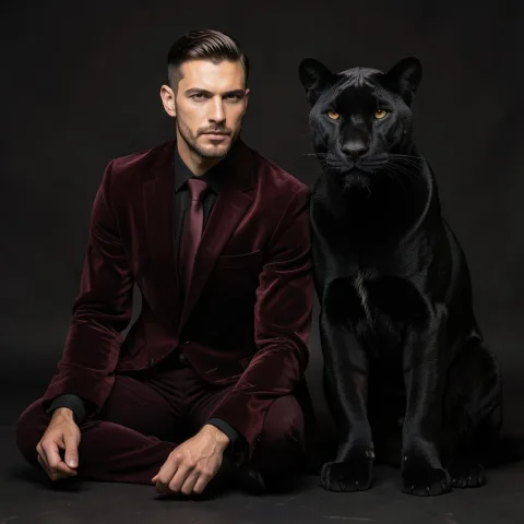 A man with a sleek, sculpted face, dressed in a matte burgundy velvet suit. A large velvet-textured black panther (wine tint) sitting beside him. Editorial, dramatic, ultra-premium light. 
