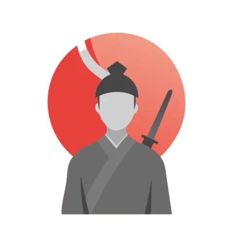 Minimalist avatar icon of a samurai, red sun in background, stylized silhouette, vector-friendly, app design aesthetic