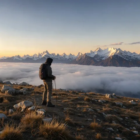 A wide landscape photograph of a lone hiker standing on a ridge above a sea of clouds at sunrise, golden light on distant snow-capped peaks, crisp detail, natural colors.