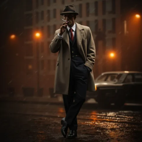 Realistic full-body shot of a detective in a classic 1940s outfit, wearing a fedora and trench coat, cigarette in mouth, standing beside a vintage car in a rain-soaked alley, warm orange streetlights casting dramatic shadows