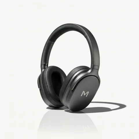 [High-end Wireless Headphones], centered on pure white background, studio high-key lighting, crisp hard shadow, commercial packshot, 35mm perspective, ultra-sharp details, subtle floor reflection, dust-free, 8k, realistic product photography