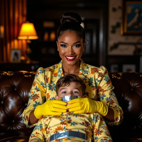 In a dimly lit, high-end apartment, a confident, dark-skinned young female Interpol agent with her hair tied back in a bun and donning long yellow satin gloves, places a small, silver duct tape wrapped Russian boy onto a worn leather couch. The boy's mouth is taped shut with a wide silver duct tape. The agent grips the boy's cheeks, and he looks surprised. The boy's arms are behind his back. The boy wears a pajama. The agent's smile, a blend of mirth and determination, contrasts with her harsh makeup in an Alpha-inspired style. She wears a yellow floral dress with no sleeves and red thigh high boots. Large windows in the background reveal an ocean view, suggesting a hotel room setting. The director's visual style, reminiscent of Ridley Scott, includes a subtle film grain, cool color grading, and high-contrast lighting with hard shadows and stark highlights, emphasizing the tension in the scene. The lighting setup includes a cool blue key light above and to the left of the agents, a warm white fill light to her right, and a cold white backlight behind the boy. The overall effect is atmosphere of mystery and intrigue.