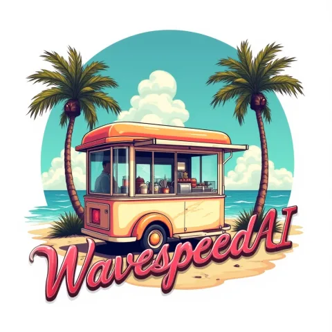  A vibrant custom illustration, retro-style, featuring a vintage ice cream cart, by the beach, with palm trees. The text 'WavespeedAI' is displayed in a retro, distressed style, with each letter in a different color, exuding a sense of nostalgia. The design is perfect for a t-shirt print, with an isolated white background.