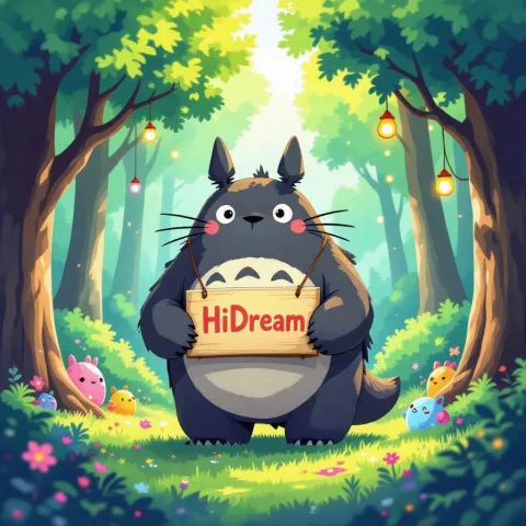 A Ghibli-inspired scene featuring a giant, friendly creature walking through a lush forest and holding a sign saying 'HiDream', with vibrant colors, soft lighting, and whimsical details like floating lights and colorful, magical creatures. The scene captures a peaceful, enchanted atmosphere.