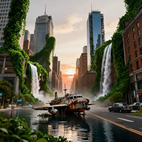 A panoramic view of a ruined modern metropolis reclaimed by nature. Skyscrapers are collapsing and covered in massive green vines and waterfalls. A rusted aircraft carrier sits in the middle of a flooded street. Sunset lighting, melancholic atmosphere, highly detailed textures, movie concept art.