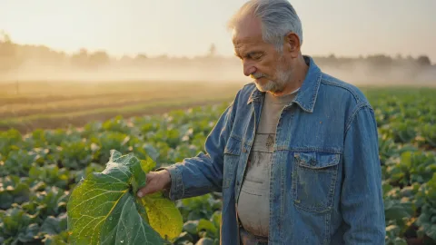 At dawn, an old farmer with dark, weathered skin stands in his vegetable field. The early morning mist has not yet dissipated, blurring the distant fields. He wears a simple, old jacket, and his hands are soiled with earth as he gently touches a dew-covered leaf with his calloused palm. The faint light of the rising sun comes from behind him, creating a golden rim light around his figure.

