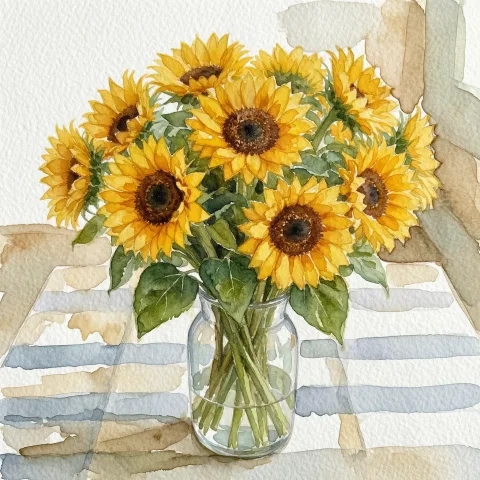 Transform this photo into a loose, vibrant watercolor painting on textured paper, with soft color bleeds, visible pigment granulation and white paper highlights, keeping the sunflowers, vase and table composition.