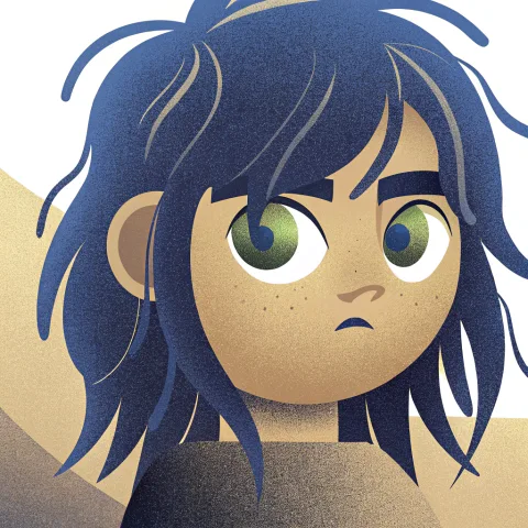 Close-up portrait of a freckled teenage girl with messy hair and intense green eyes