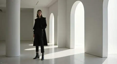 A high-fashion editorial shot of a poised woman in avant-garde attire, standing confidently in a minimalist, architecturally designed interior. Clean lines, indirect lighting, and bold shadows create a striking contrast, emphasizing elegance and geometry.