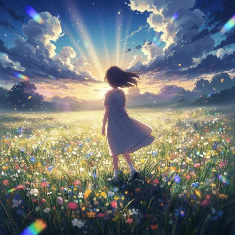 Transform the scene into a Makoto Shinkai–style cinematic realism: ultra-detailed sky with dramatic clouds, glowing sunlight beams breaking through, vibrant and transparent colors, enhanced atmospheric depth, lens-flare highlights, high-saturation meadow with shimmering flowers, gentle breeze motion in the girl’s dress and hair, rich contrast and emotional light, filmic composition.
blurry, distorted anatomy, extra limbs, artificial texture, overexposed light, monochrome, muddy colors


