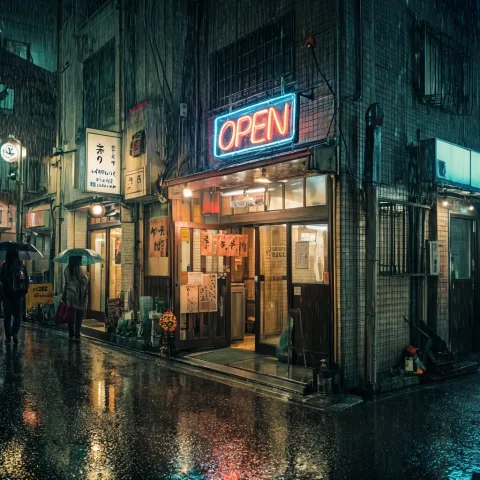 A neon sign reading OPEN above the doorway of a small noodle shop in a rainy Tokyo alley at night, reflections on the wet asphalt, a few passers-by with umbrellas, cinematic, photorealistic.