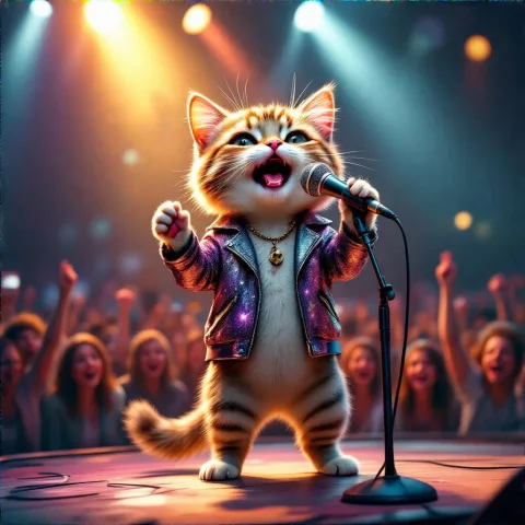 A realistic, brightly lit scene of a cute cat standing like a human on a concert stage, passionately singing into a microphone. The cat wears a sparkly jacket, surrounded by stage lights and a cheering audience. Dramatic spotlight, expressive eyes, dynamic pose, full of emotion, vibrant colors, high detail, cinematic atmosphere.