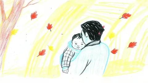 Father holding his baby in a sunlit park, candid emotion, detailed facial features, colorful autumn background, bokeh effect, Leica look