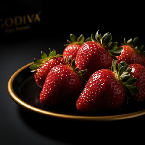 Transform this strawberry photo into a high-end Godiva-style black and gold luxury dessert, no real brand,  advertisement, while keeping the original strawberries and composition unchanged. 
Darken the background into a deep matte black with rich cinematic shadows, directing all highlights toward the fruit. 
Add refined golden rim lighting and subtle metallic accents for a premium chocolate-brand atmosphere. 
Enhance the strawberries’ gloss and richness, giving them a decadent, jewel-like shine without exaggeration. 
Overall style: luxury dessert aesthetic, elegant high-contrast mood, premium gourmet presentation.
