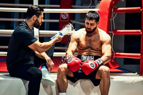 Boxer resting in the corner of the ring between rounds, exhausted posture, trainer speaking to him, water splashing, towel in hand, grungy gym mood, cinematic realism