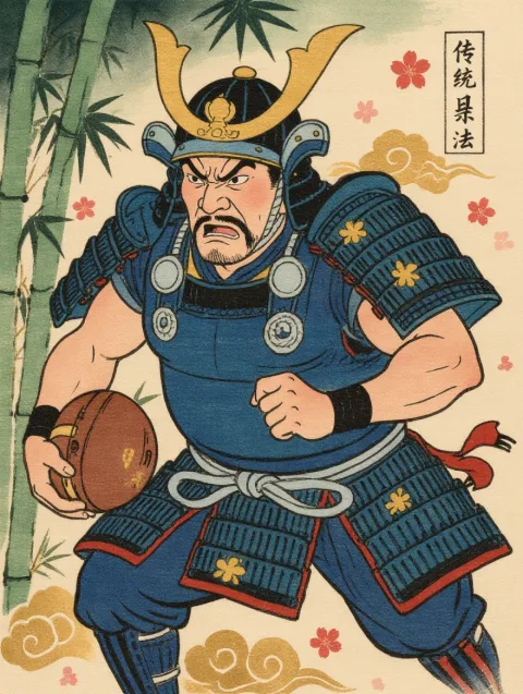 A powerful sumo-built samurai warrior running through a bamboo 
forest carrying a war drum under his right arm, rendered in 
authentic Edo-period ukiyo-e woodblock print style with bold 
black outlines and flat color fills, wearing an indigo blue 
yoroi armor with silver lacing and a kabuto helmet with golden 
crescent moon crest, his face showing fierce determination with 
an exaggerated kabuki theater expression, the background composed 
of stylized bamboo stalks in graduated green ink washes with 
decorative cloud patterns in gold leaf, cherry blossom petals 
scattered throughout the composition, traditional Japanese 
calligraphy text block in the upper right corner, washi paper 
texture visible throughout, Hokusai and Kuniyoshi inspired, 
authentic Edo period color palette of indigo prussian blue 
vermillion and saffron yellow, horizontal scroll composition