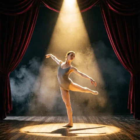 Move the dancer onto a grand theater stage during a performance. Keep her pose and grey leotard, but add a dramatic single spotlight from above, dark velvet curtains, floating dust in the light beam and a soft haze, cinematic stage photography.