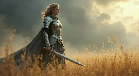 A dramatic fantasy scene of a fierce female warrior clad in intricately detailed silver armor, standing tall in a windswept golden field. Her sword gleams under the stormy sky, and her cloak billows in the wind, evoking the mood of a heroic epic.