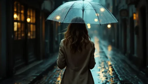 A cinematic scene of a woman seen from behind walking through narrow cobblestone streets during a soft drizzle, holding a translucent umbrella. The puddles reflect muted city lights, and her beige coat flutters slightly in the breeze. The atmosphere is melancholic yet poetic.
