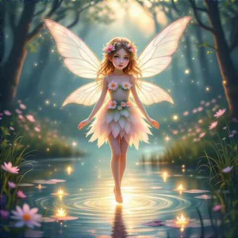 A delicate fairy girl with translucent wings floating above a glowing forest lake at dusk, wearing a flower-made dress, soft magical lights surrounding her, sparkles in the air, dreamy atmosphere, pastel color palette, detailed face and eyes, fantasy illustration style, ultra-detailed background
