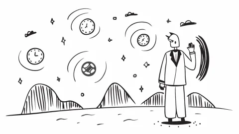 Man with a starry night sky in place of his face, wearing a suit, standing in a desert with melting clocks, inspired by Dali
