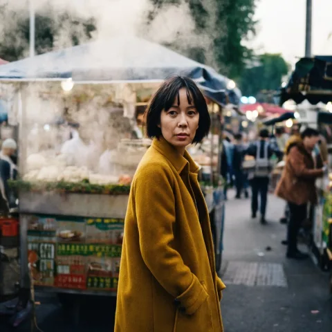 A candid street photograph of a woman in her thirties with short dark hair and a mustard wool coat, walking through a quiet morning market, steam rising from a food cart behind her, soft overcast light, shallow depth of field, 35mm film look.