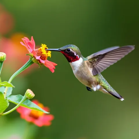 Hummingbird hovering near a blooming flower