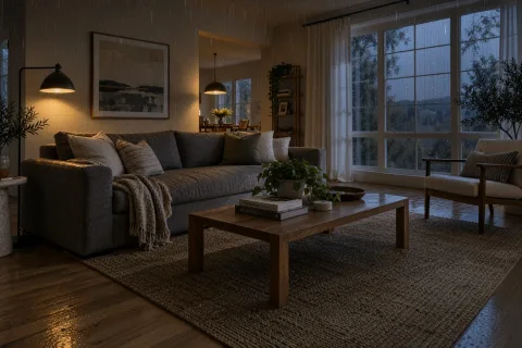 Turn the scene into a rainy evening: warm lamps switched on, dusk light through the window with raindrops on the glass. Keep the furniture and layout unchanged.
