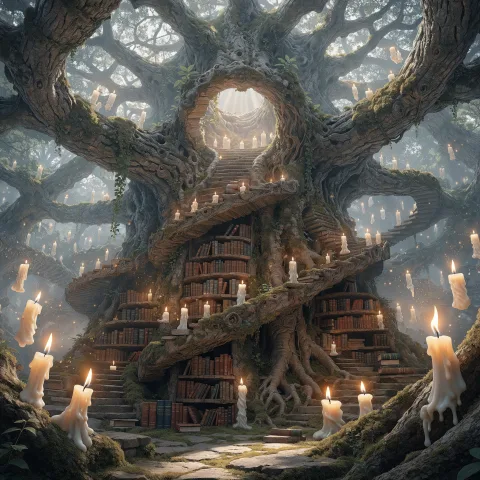 An ancient library built inside a hollowed-out giant tree, spiral staircases carved into the bark, floating candles illuminating thousands of books, mossy stone floors, golden dust particles in the air, concept art, Greg Rutkowski style