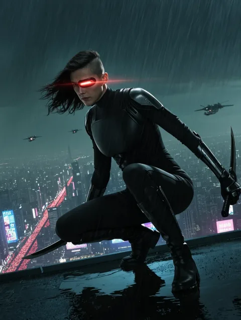 A female assassin crouching on the edge of a rain-drenched skyscraper rooftop in a dystopian megacity, her left eye replaced with a glowing crimson cybernetic implant scanning the streets below, wearing a form-fitting matte black tactical suit with exposed carbon fiber plating on the shoulders and forearms, a retractable plasma blade extending from her wrist gauntlet, her jet-black hair cropped short on one side and flowing long on the other whipping in the wind, holographic advertisements in Japanese and Chinese kanji reflecting off the pooled rainwater around her boots, the city stretching infinitely below with layers of elevated highways and flying vehicles trailing red and blue light streaks, atmospheric fog diffusing the neon glow from thousands of windows, shot from a low angle looking up to emphasize her dominance over the cityscape, cinematic anamorphic lens flare, volumetric god rays cutting through the smog, color palette of deep teals, electric blues, and hot magentas against near-black shadows, inspired by the visual language of Blade Runner 2049 crossed with Ghost in the Shell, hyper-detailed 8K rendering, Octane render quality
