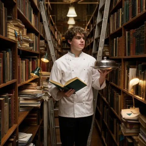 A young chef standing between tall library shelves, wearing a white chef jacket and holding an open cookbook in one hand while balancing a covered silver dish in the other. Books, ladders, reading lamps, bookmarks, and stacks of notes surround him. Warm academic light, elegant absurdity, cinematic storytelling, highly detailed.