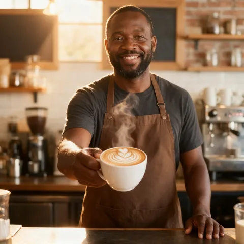 Keep the barista's face, beard and apron. Have him proudly present a cappuccino with a detailed rosetta latte art toward the camera, with warm morning sunlight streaming into the cafe and steam rising from the cup. Blank chalkboard behind him.