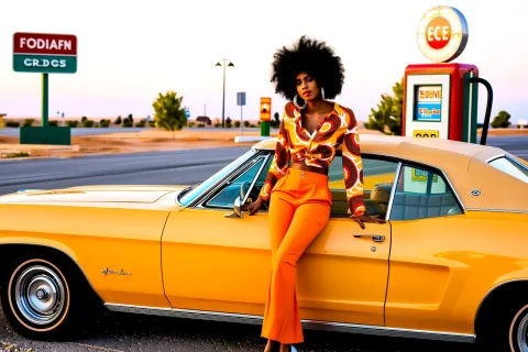 High‑quality photo. Black woman with a big afro leans on a mustard‑yellow 1970s convertible at a retro gas station. She wears high‑waisted orange flared pants and a tucked‑in paisley shirt that shows her waist. Large gold hoop earrings move slightly in the desert breeze. Warm late‑afternoon light falls on the glossy car and her face. Dusty asphalt, vintage pumps, and faded signs appear sharp. Pastel dusk sky fills the background. Shot eye‑level on a 50 mm lens, Kodak Gold 100 film with visible grain and a touch of lens flare. Late‑70s / early‑80s cinematic look.