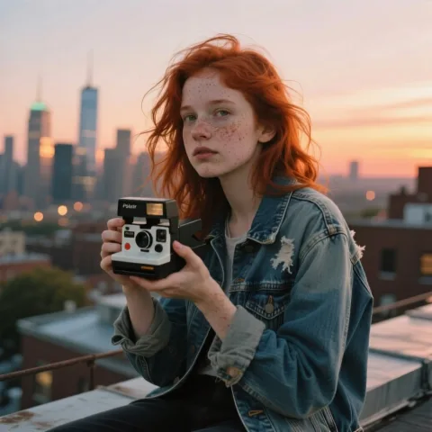 A girl with little freckles and messy red hair sitting on a rooftop during sunset, denim jacket slightly worn, holding a Polaroid camera, city skyline glowing in soft hues behind her
