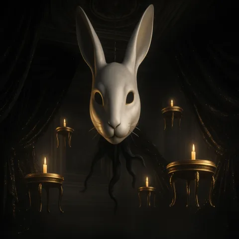 Transform the image into a baroque noir luxury surrealist style: deep black-and-gold palette, sharp dramatic lighting, metallic golden highlights on the floating tables and mask edges, rich cinematic shadows, velvet drapery with subtle gold shimmer, atmospheric haze, high-end fashion campaign mood, refined textures, preserve the rabbit mask, candles, and composition structure, no distortion, ultra clean edges, 16:9 cinematic tone.