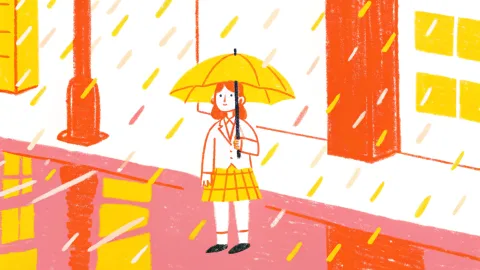 Teenage girl in a school uniform standing on a rainy street in Tokyo, neon reflections on the ground, umbrella in hand, captured with shallow depth of field