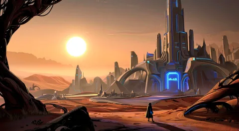 cinematic wide shot of a massive bio-mechanical city on a desert planet at dusk. Towers are fused with organic, plant-like structures. A lone wanderer in a weathered cloak walks towards the city gates. The twin suns are setting, casting long shadows and a deep orange glow across the landscape. Matte painting, epic scale, concept art in the style of Syd Mead and John Harris. 